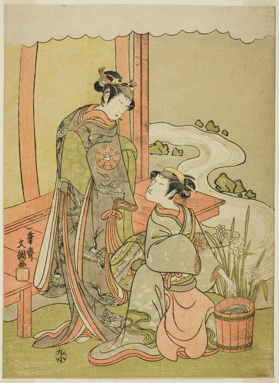 Aktorzy Nakamura Tomijuro I jako Enju przebrany za Shirbyoshi Gio (po prawej) i Nakamura Noshio I jako Goo przebrany za Hotoke Gozen (po lewej), w sztuce Miyako-zome Gio Katsugi, wystawiony w Teatrze Morita w jedenastym miesiącu, 1770 autorstwa Ippitsusai Bunchō