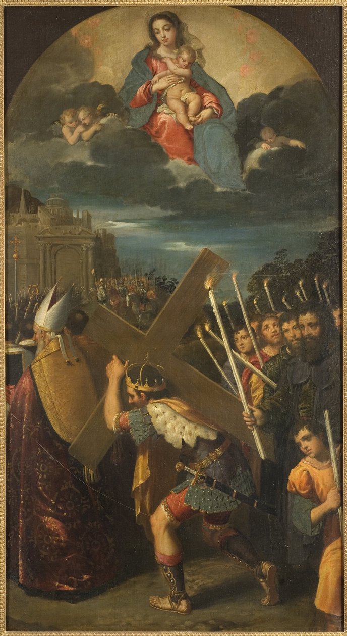 Herakliusz I (wers 575-641) rapporte la Vraie Croix a Jerusalem - Cesarz Herakliusz zwraca Prawdziwy Krzyż do Jerozolimy, autorstwa Scarsellino (Scarsella), Ippolito (1551-1620). Olej na płótnie. Wymiar: 181x101 cm. Muzeum Narodowe w Sztokholmie autorstwa Ippolito Scarsella