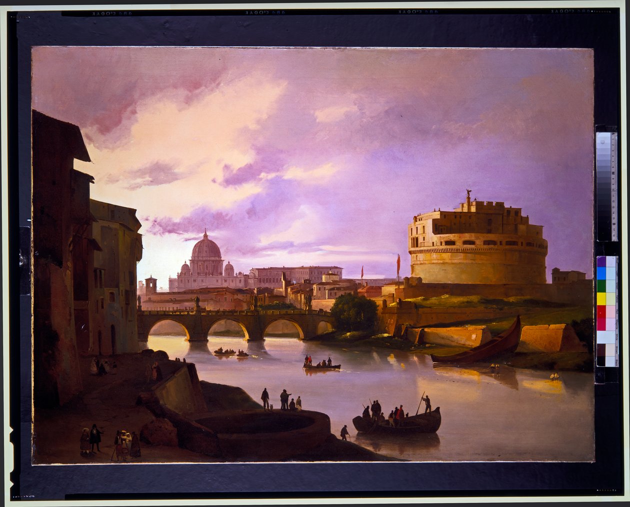 Para: Widok na Castel Sant Angelo od strony Tybru ze św. Piotrem w tle, widok na Koloseum autorstwa Ippolito Caffi