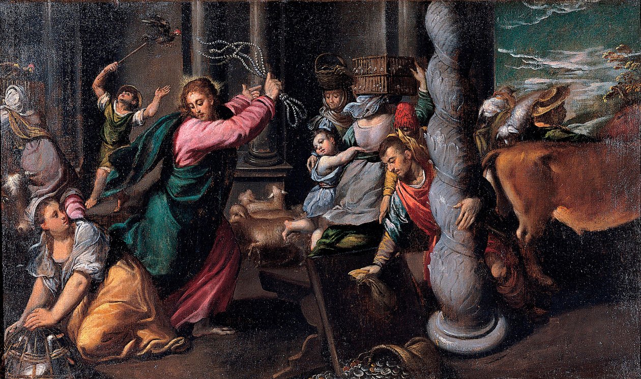 Le Christ chassant les marchands du temple - Chrystus wyprowadzający pożyczkodawców ze świątyni - Obraz Ippolito Scarsellino (Scarsella) (1551-1620), Olej na płótnie 1580-1585 (68x116 cm) - Musei Capitolini, Rzym autorstwa Ippolito Scarcella