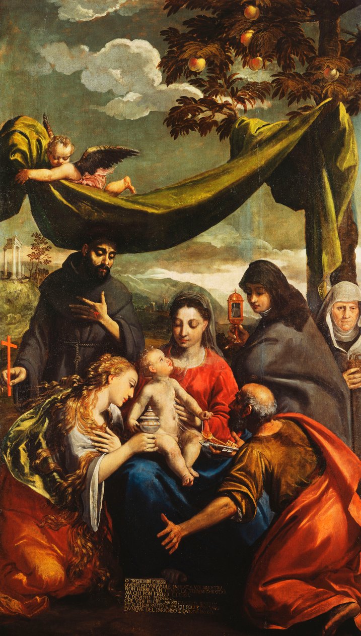 Madonna z Dzieciątkiem ze świętymi Marią Magdaleną, Piotrem, Klarysą i Franciszkiem oraz portretem opatki autorstwa Ippolito Scarsella