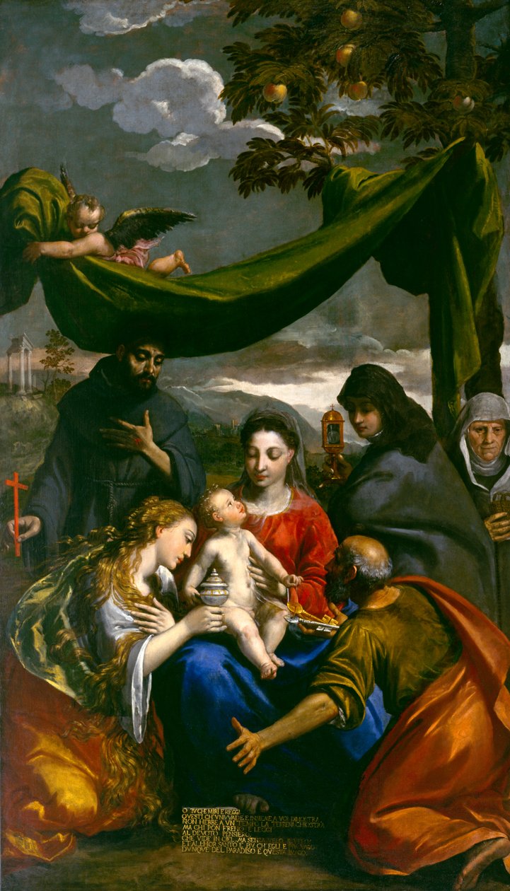 Dziewica i Dzieciątko ze św. Marią Magdaleną, Piotrem, Klarysą, Franciszkiem i przełożoną, ok. 1600 autorstwa Ippolito Scarsella