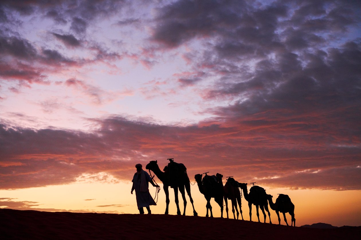 Kamerdyner prowadzi swoje wielbłądy na Erg Chebbi na pustyni w Merzouga, Maroko, 2019 r. (zdjęcie ilustracyjne) autorstwa Ira Block