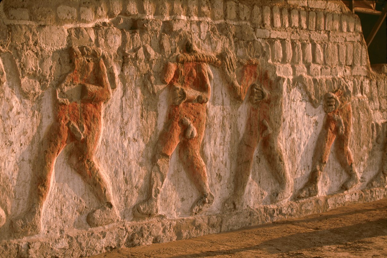 Fryz przedstawiający nagich więźniów Moche na ścianach Huaca Cao Viejo w El Brujo...., 2005 r. (fot.) autorstwa Ira Block