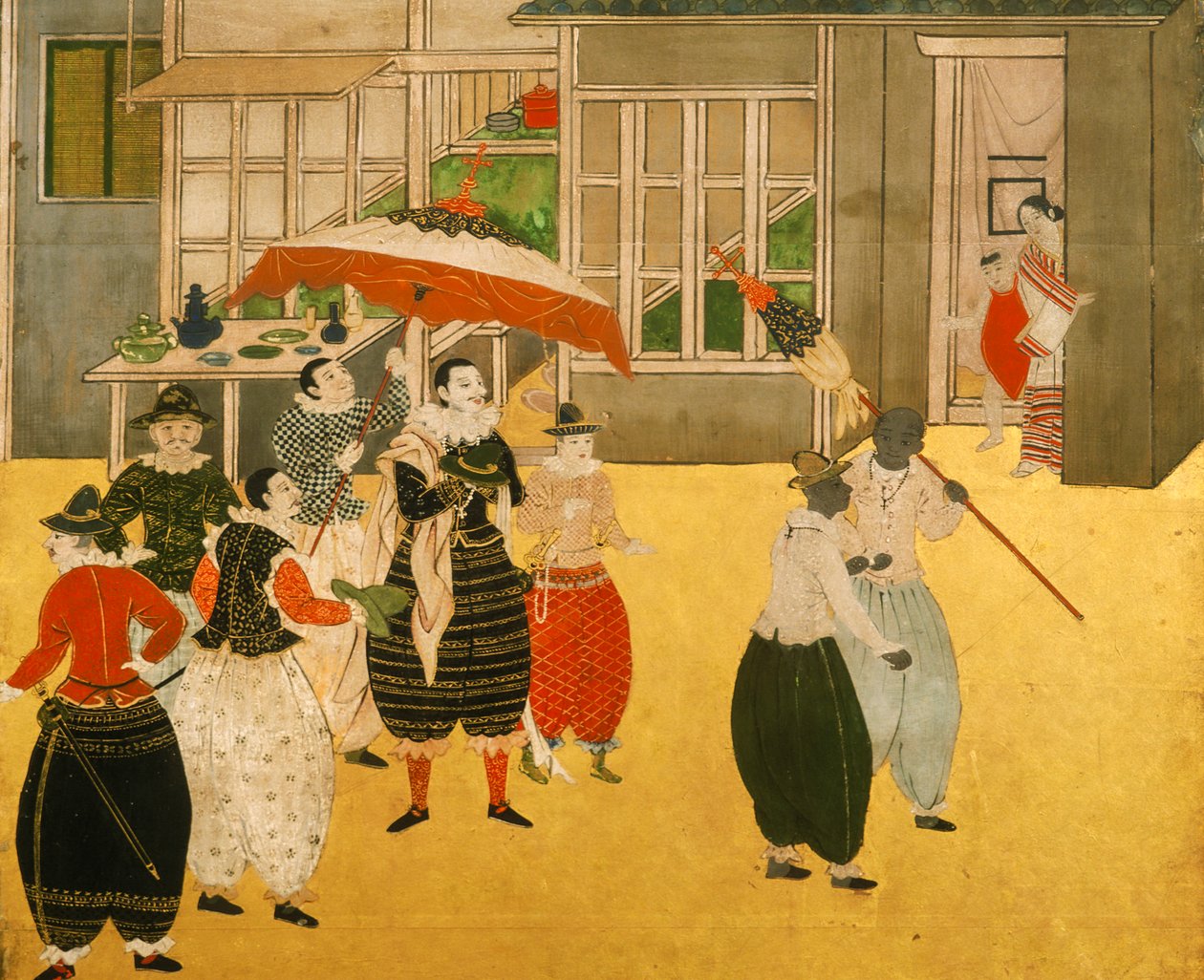 Szczegóły z ekranu Namban byobu przedstawiającego portugalskich kupców odwiedzających Japonię w okresie Momoyama, 2005 r. (fot.) autorstwa Ira Block