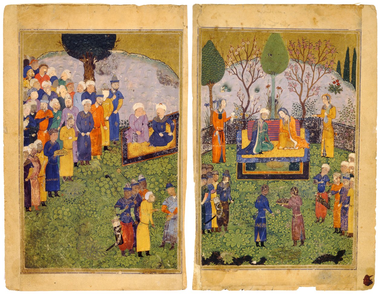 Książęca para z dworzanami w ogrodzie. Z Księgi Królów Shahnama autorstwa Iranian Master