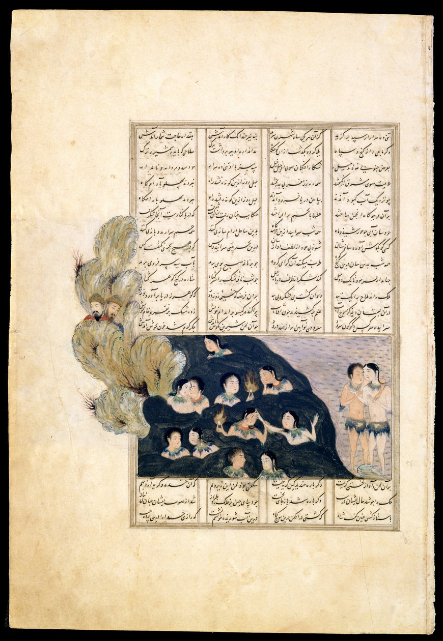 Iskander obserwujący syreny. Iluminacja rękopisu z epickiego Iskandar-nameh autorstwa Iranian Master