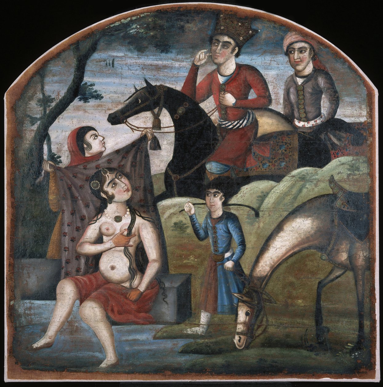 Khusraw odkrywa kąpiel Shirin. Z cyklu obrazkowego ośmiu tematów poetyckich, połowa XVIII w. autorstwa Iranian Master