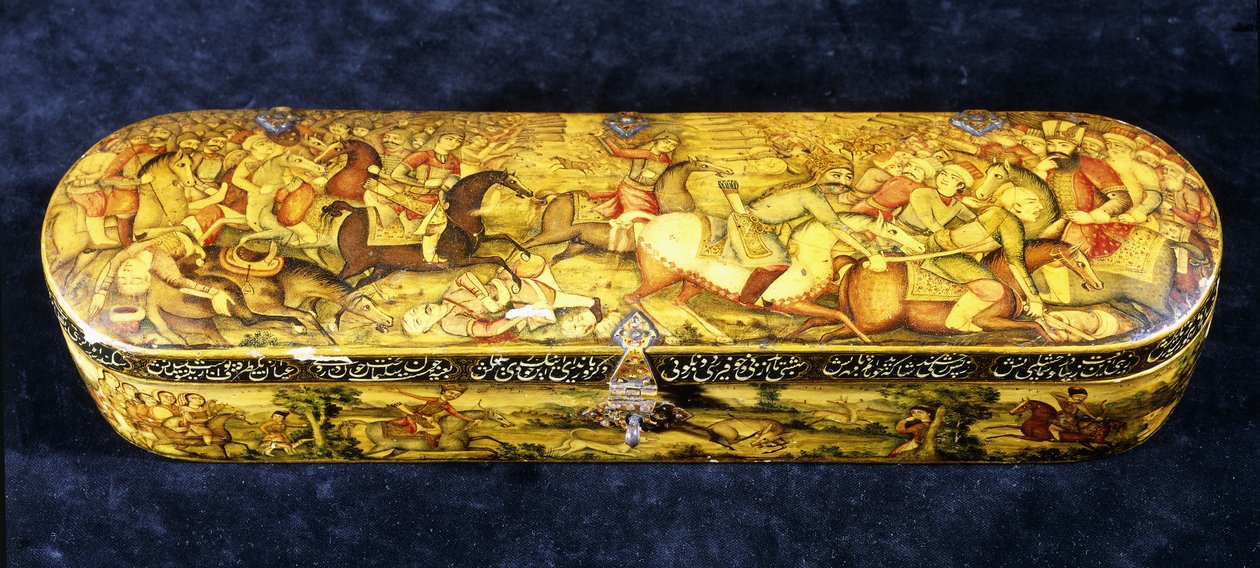 Pudełko na długopis z papier mache, na wierzchu pomalowany obraz bitwy pod Chaldiran autorstwa Iranian School