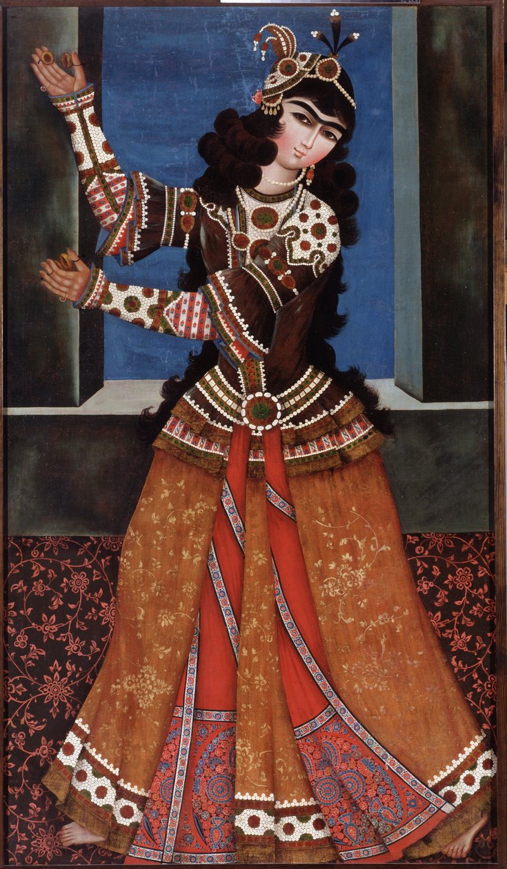 Tancerka z kastanietami - Obraz irańskiego mistrza, olej na płótnie (158x90 cm), początek XIX wieku - Tańcząca dziewczyna z kastanietami, olej na płótnie irańskiego mistrza, początek XIX wieku - Państwowy Ermitaż, Sankt Petersburg autorstwa Iranian School