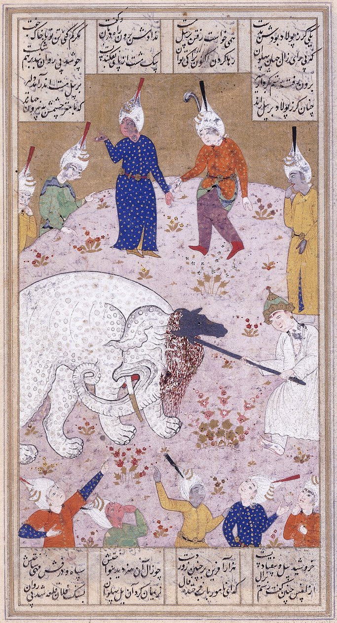Młody Rustem zabijający białego słonia, ok.1545 autorstwa Iranian School