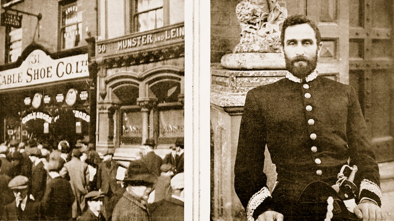 Zrabowany przez mafię dublińską: sklep z butami na Sackville Street i inicjator irlandzkiego buntu z niemiecką pomocą: Sir Roger Casement, z The Illustrated War News, 1916 autorstwa Irish Photographer