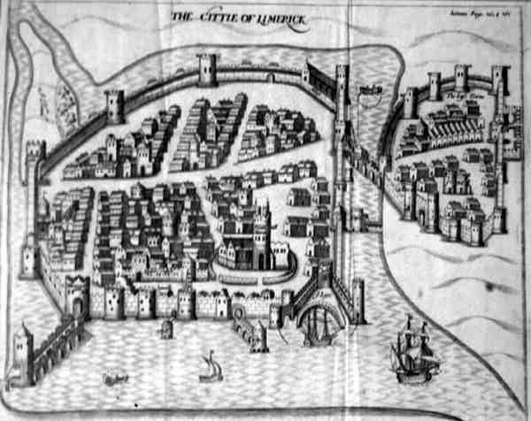 XVII-wieczny plan miasta Limerick, Irlandia (rycina) autorstwa Irish School