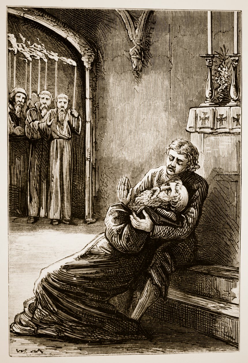 Śmierć św. Kolumby, z Trias Thaumaturga, czyli Trzech Cudownych Świętych Irlandii, autorstwa Mary Cusack (1829-99) wydanej ok. 1890 r. autorstwa Irish School