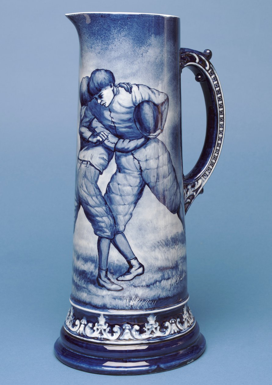 Duży dzbanek Belleek ze sceną rugby (ceramiczny) autorstwa Irish School