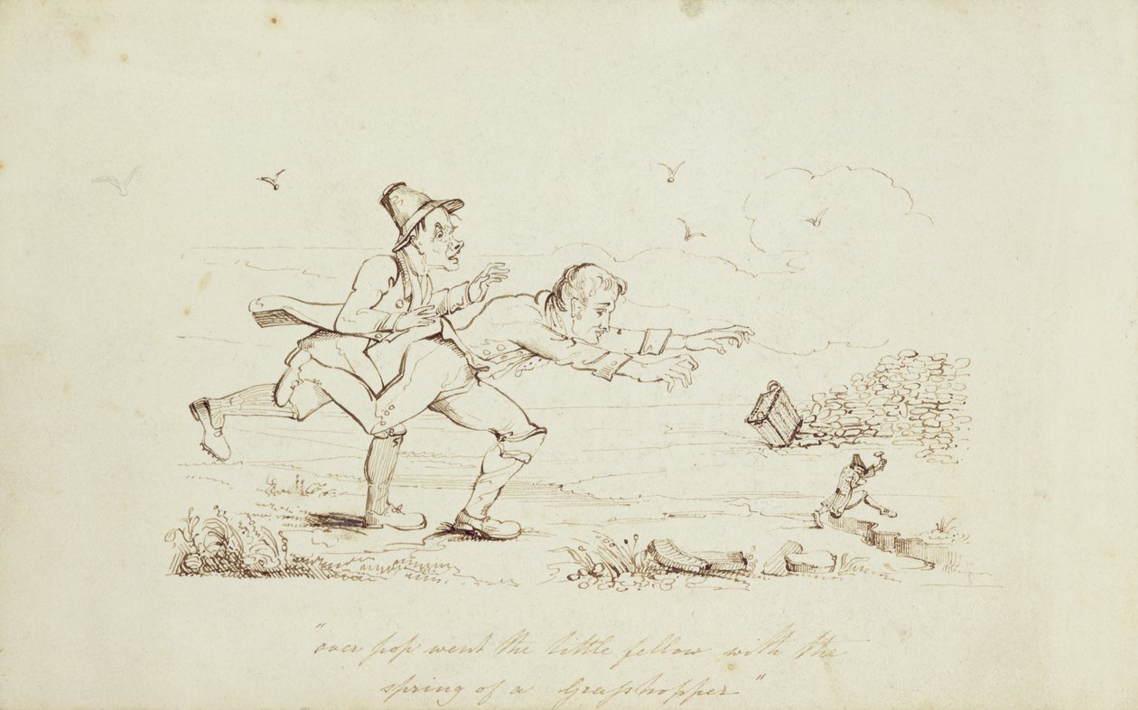 Over Pop Went the Little Fellow with the Grasshopper, ilustracja książkowa przedstawiająca dwóch Irlandczyków goniących Leprechauna, XIX w. (pióro i atrament na papierze) autorstwa Irish School
