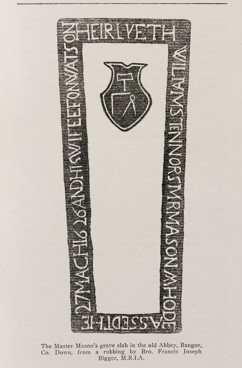 Druk z płyty nagrobnej mistrza masonów w starym opactwie w Bangor, Co. Down, datowany na 1626 rok autorstwa Irish School
