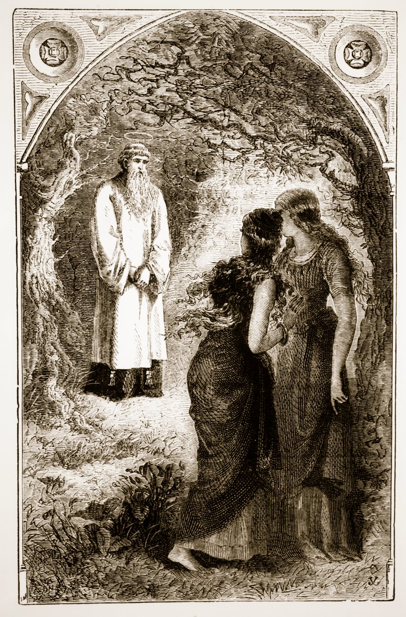 Św. Patryk spotykany przez dziewice w lesie Fochlut, z Trias Thaumaturga, czyli Trzech Cudotwórczych Świętych Irlandii, Mary Cusack (1829-99) wydanej ok. 1890 roku autorstwa Irish School