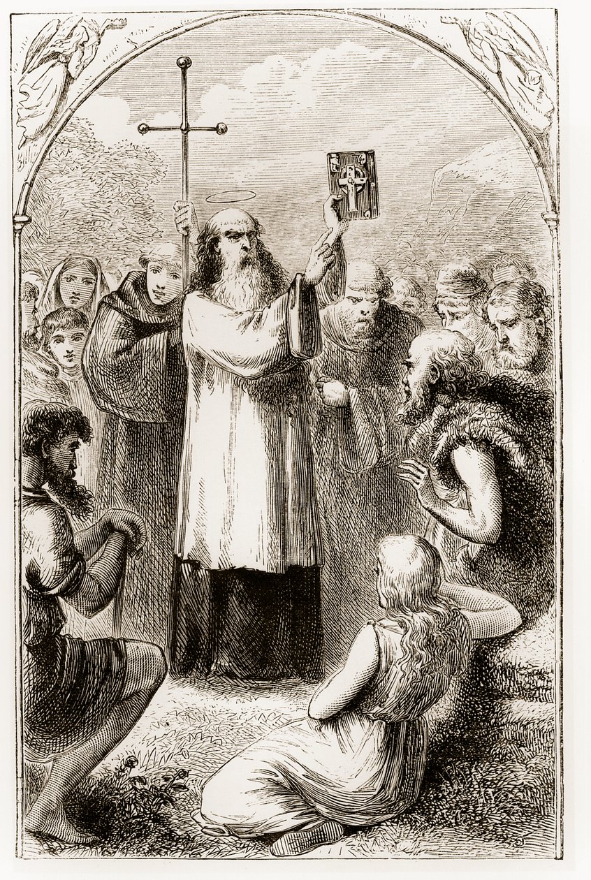 Św. Patryk ukazujący mieszkańcom Irlandii Cztery Ewangelie z Trias Thaumaturga, czyli Trzech Cudotwórczych Świętych Irlandii, autorstwa Mary Cusack (1829-99) opublikowanych ok. 1890 r. autorstwa Irish School