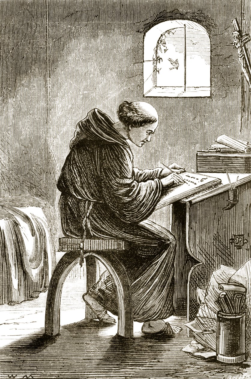 Św. Wincenty piszący w swojej celi w Ferins, z Trias Thaumaturga lub Three Wonder-Working Saints of Ireland, autorstwa Mary Cusack (1829-99), opublikowanych ok. 1890 roku autorstwa Irish School