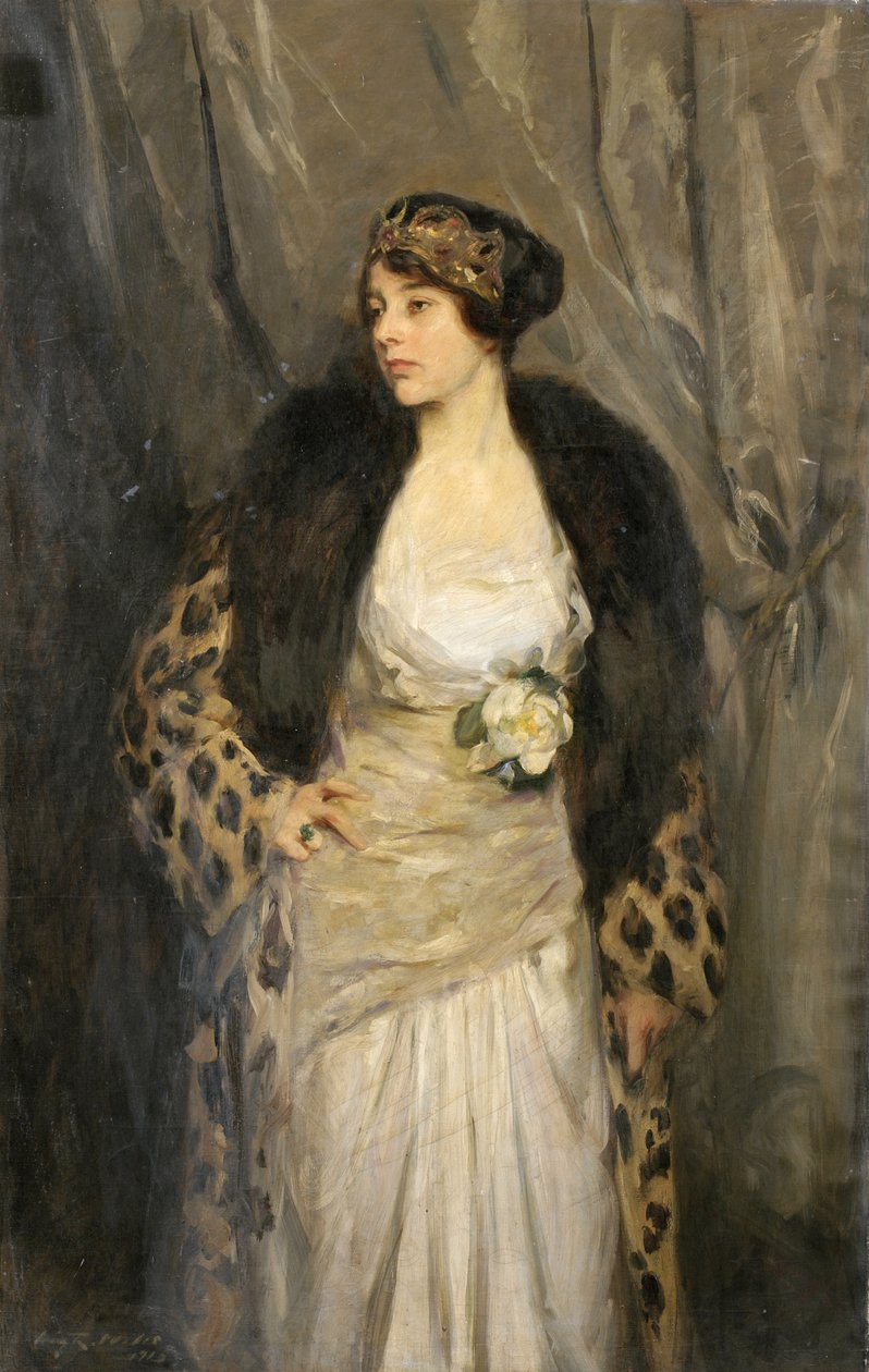 Gladys Wiles w lampartowym płaszczu (płaszcz lamparta) autorstwa Irving Ramsay Wiles