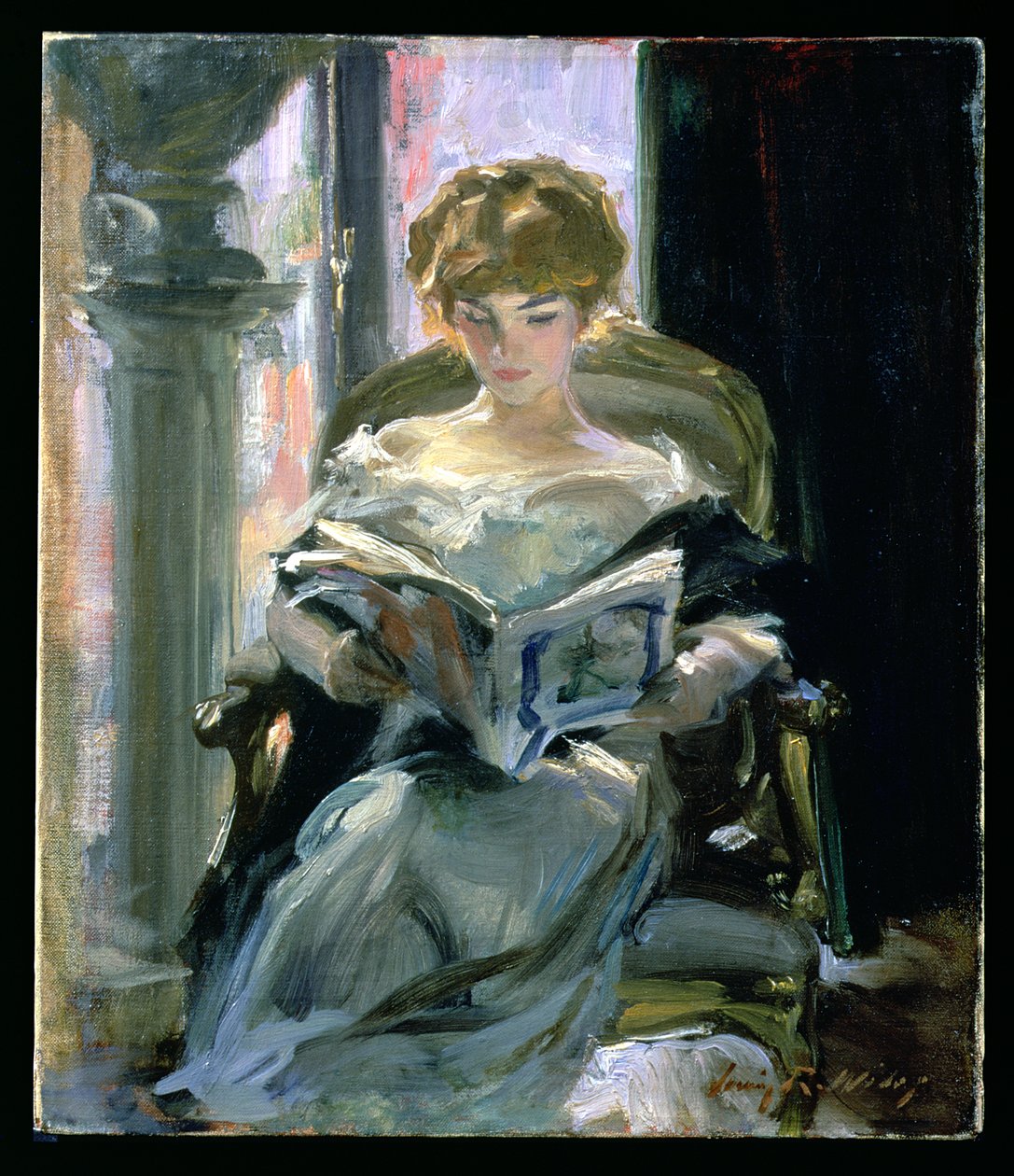 Kobieta czytająca (olej na płótnie) autorstwa Irving Ramsay Wiles