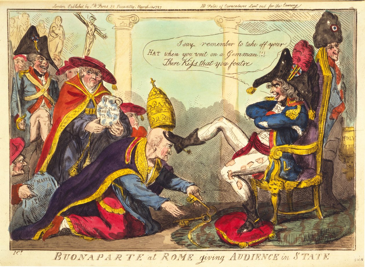 Buonaparte w Rzymie na audiencji stanowej, wyd. 1797 (grawerowanie ręcznie kolorowane) autorstwa Isaac Cruikshank