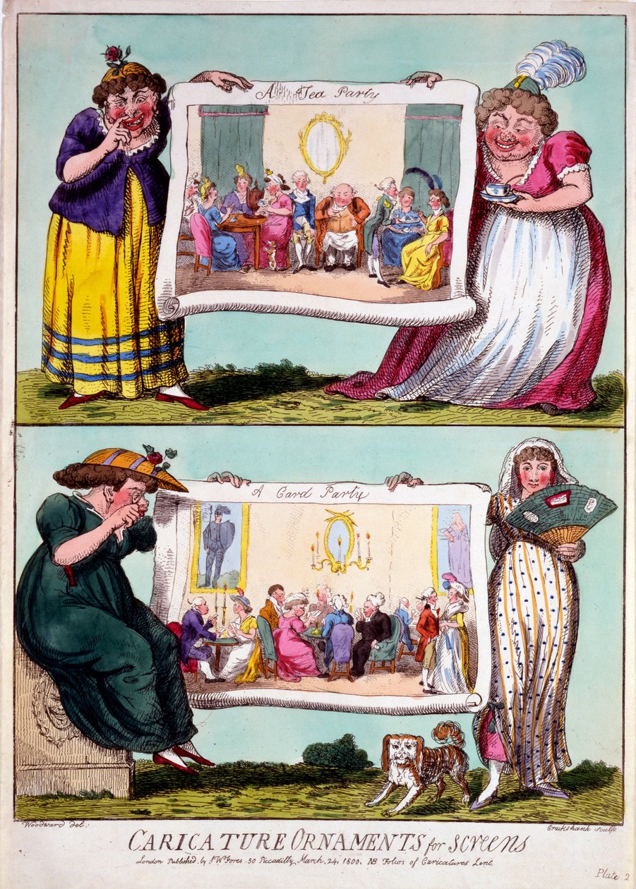 Ozdoby karykaturalne na parawany, 1800 (ręcznie barwiony grawerunek) autorstwa Isaac Cruikshank