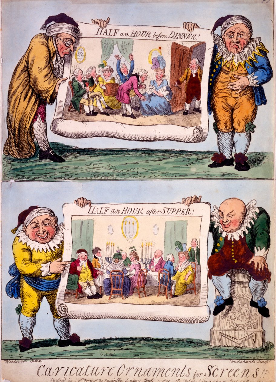 Karykaturalne ornamenty na ekrany, 1800 (rycina ręcznie kolorowana) autorstwa Isaac Cruikshank