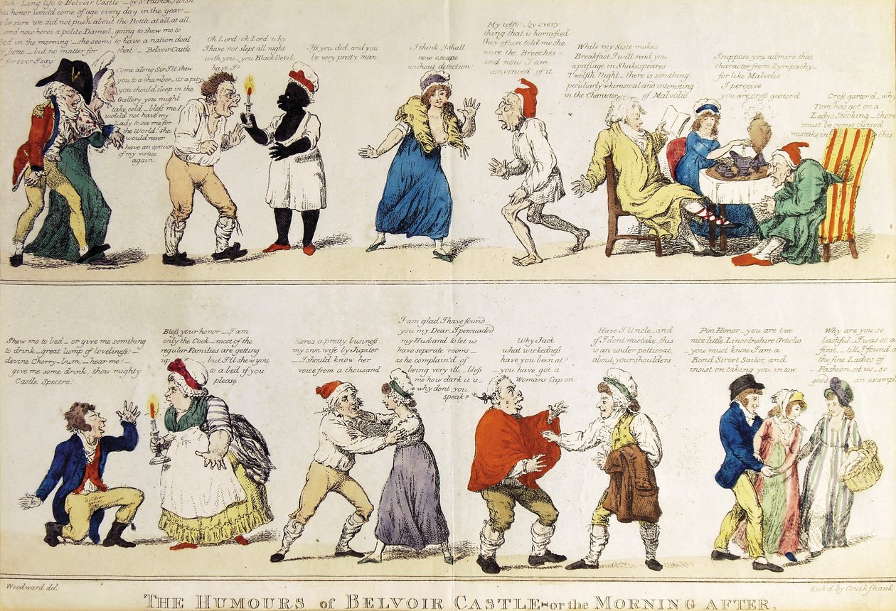 Karykatura przedstawiająca rozpustne przyjęcie dorastania V księcia Rutland, 1799 autorstwa Isaac Cruikshank