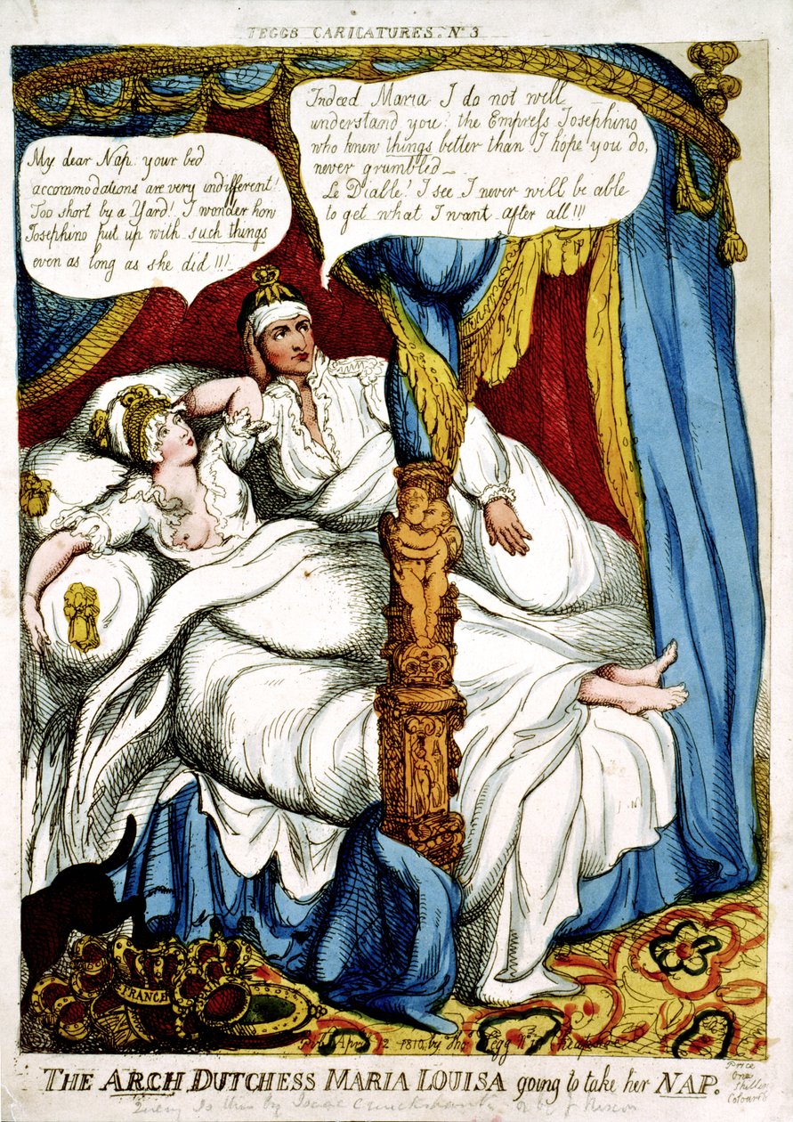 „Arcyksiężna Maria Louisa drzemie”, karykatura na temat małżeństwa Napoleona i Marii Louisy, opublikowana 12 kwietnia 1810 autorstwa Isaac Cruikshank
