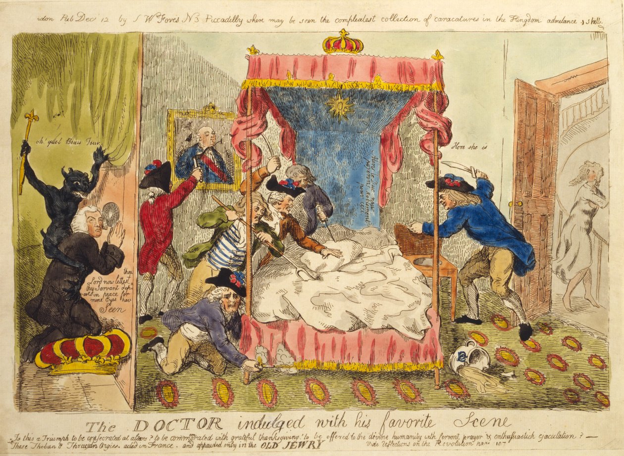 Doktor oddał się swojej ulubionej scenie, 1790 (akwaforta ręcznie kolorowana) autorstwa Isaac Cruikshank