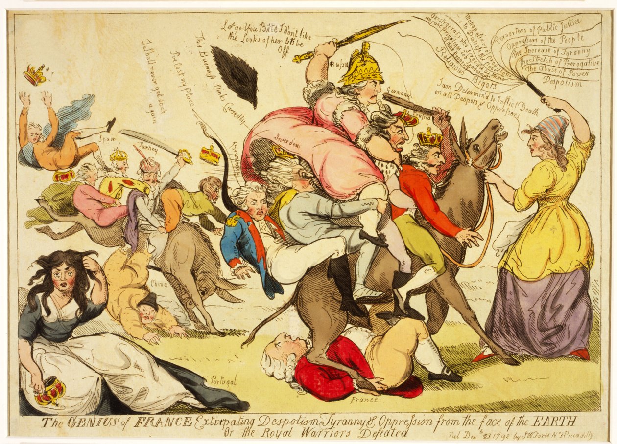 Geniusz Francji Wytępiający despotyzm, tyrania i ucisk z powierzchni ziemi lub pokonani królewscy wojownicy, wyd. 1792 (akwaforta ręczna) autorstwa Isaac Cruikshank