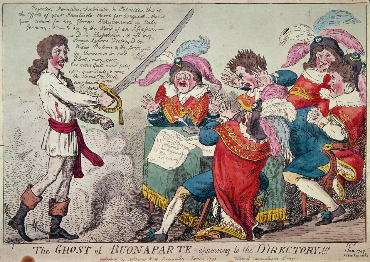 Duch Buonapartego pojawiający się przed Dyrektoriatem!!!, Londyn, 1799 (akwaforta barwna) autorstwa Isaac Cruikshank