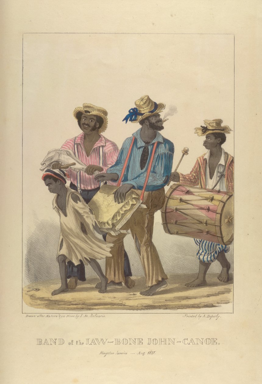 Band of the Jaw-Bone John-Canoe, ilustracja ze „Szkiców charakteru...”, 1837 autorstwa Isaac Mendes Belisario