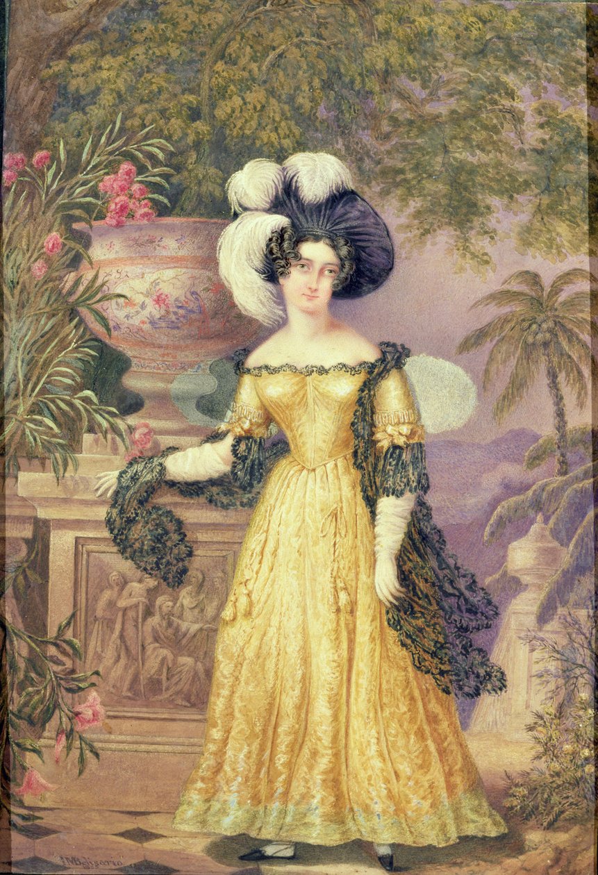 Lady Rowe, stojąca na tarasie, w świetle księżyca, jamajski krajobraz za nim autorstwa Isaac Mendes Belisario