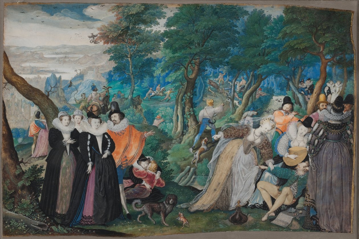 Impreza na świeżym powietrzu. Alegoria o miłości małżeńskiej, c. 1590-1595 (farba gwaszowa i akwarelowa na welinie naklejona na karton) autorstwa Isaac Oliver
