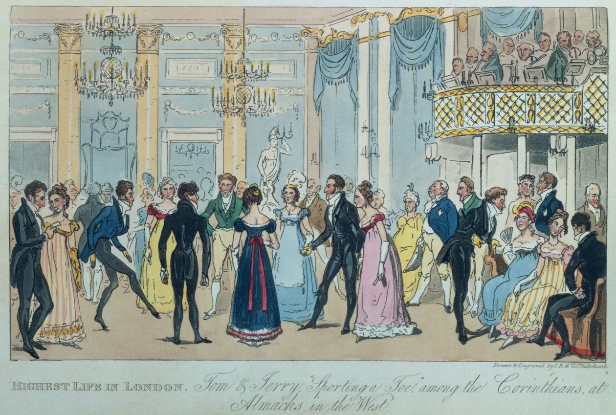Najwyższe życie w Londynie: Tom i Jerry „Sporting a Toe” wśród Koryntian w Almacks na Zachodzie, z „Life in London” Pierce Egan, 1821 (kolorowy akwatinta) autorstwa Isaac, Robert and George Cruikshank