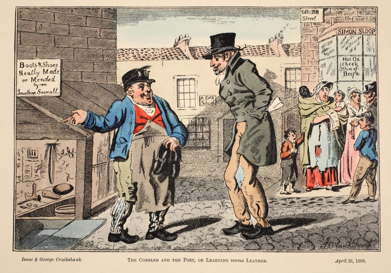 Szewc i poeta, czyli nauka kontra skóra, 1808 (ręcznie barwiony grawerunek) autorstwa Isaac, Robert and George Cruikshank