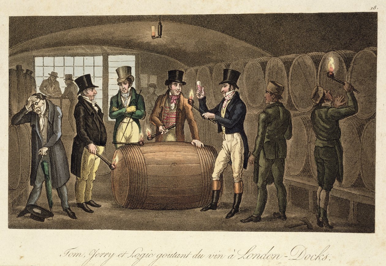 Tom, Jerry and Logic degustacja wina w London Docks, z „Life in London” Pierce Egan, 1821-22 (kolorowy akwatinta) autorstwa Isaac, Robert and George Cruikshank