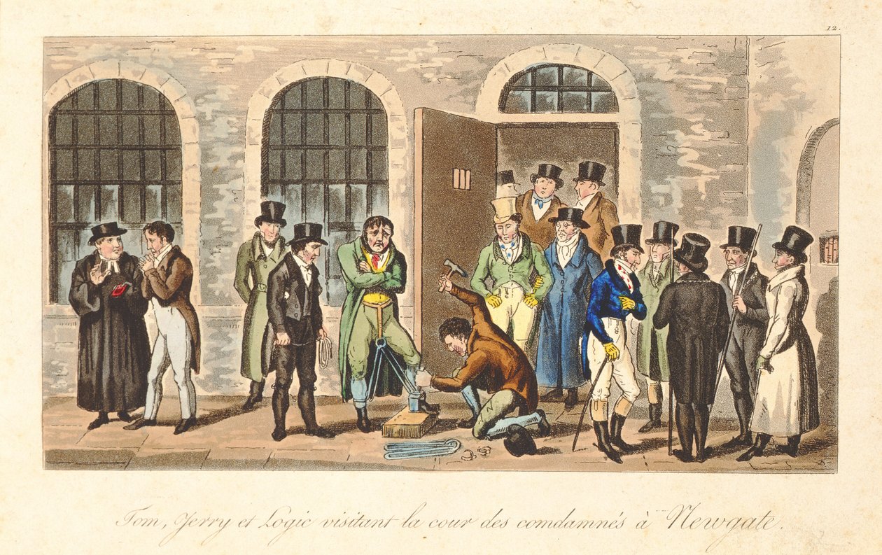 Tom, Jerry i Logic odwiedzający skazanych w więzieniu Newgate, z „Życia w Londynie” Pierce Egan, 1821-22 (kolorowy akwatinta) autorstwa Isaac, Robert and George Cruikshank