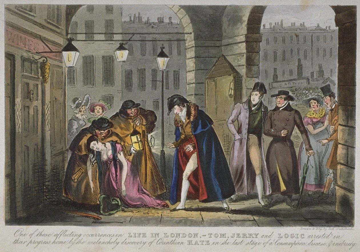 Scena pod placami Covent Garden, 1830 (akwatinta ręcznie kolorowana) autorstwa Isaac Robert Cruikshank