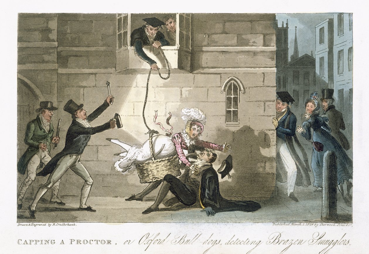 Capping a Proctor, lub Oxford Bull Dogs wykrywający Brazen Smugglers, z „The English Spy”, Charles Molloy Westmacott (1788-1868) opublikowany w Londynie, 1825 autorstwa Isaac Robert Cruikshank