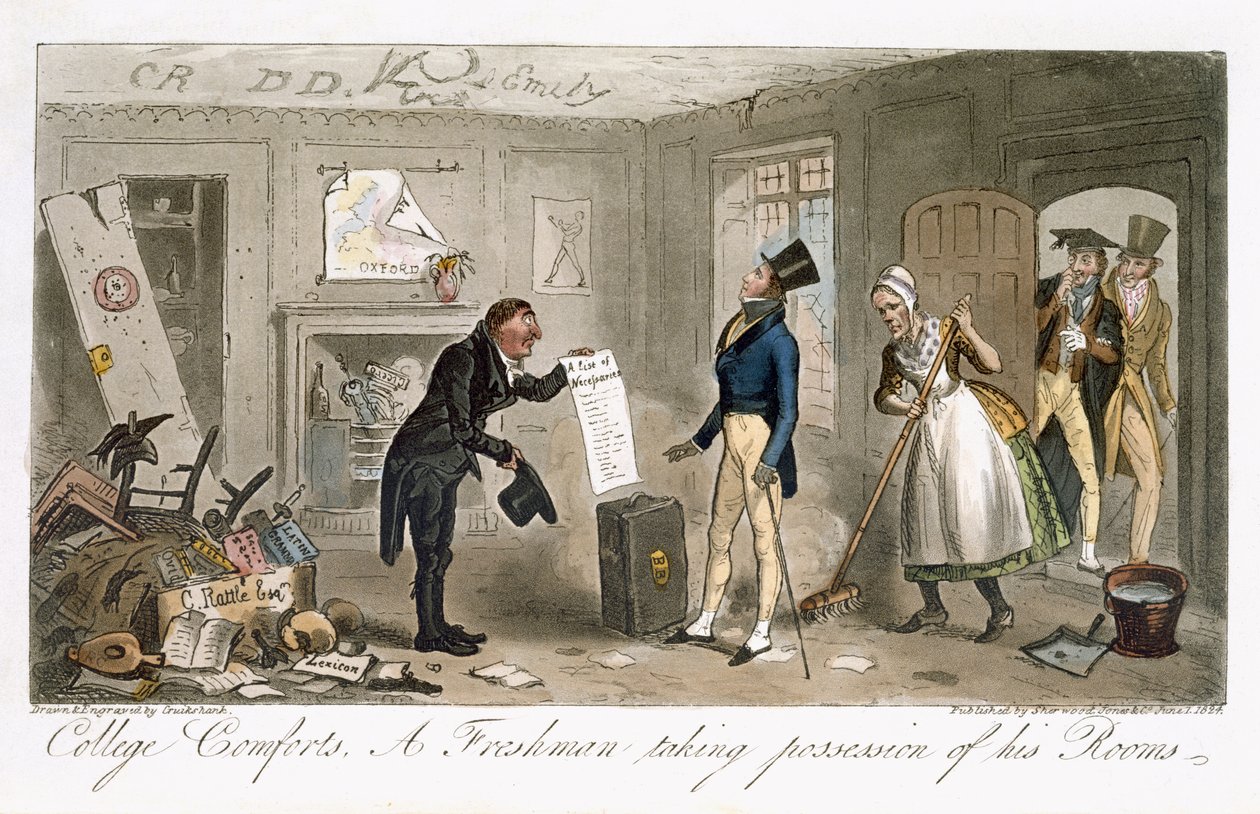 College Comforts, A Freshman biorący w posiadanie swoje pokoje, z „The English Spy” Charlesa Molloya Westmacotta (1788-1868) opublikowanego w Londynie, 1825 autorstwa Isaac Robert Cruikshank