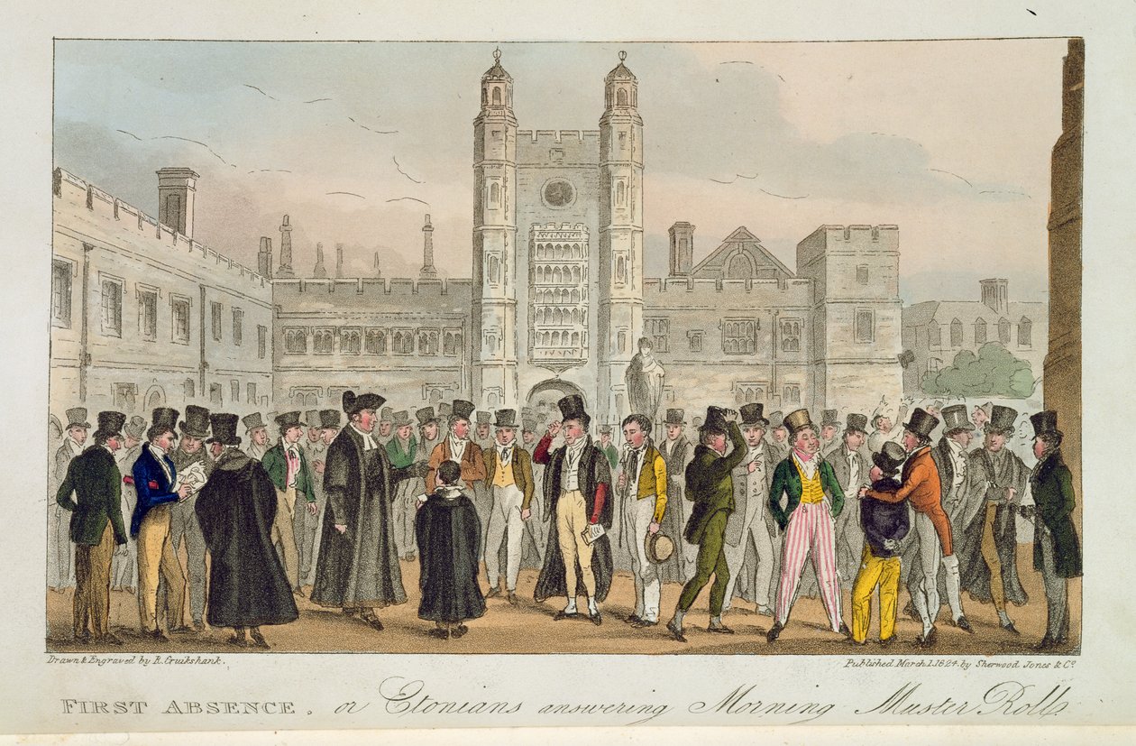 Pierwsza nieobecność, czyli Etonians Answering Morning Master Roll, z „The English Spy” opublikowanej w 1824 r. autorstwa Isaac Robert Cruikshank