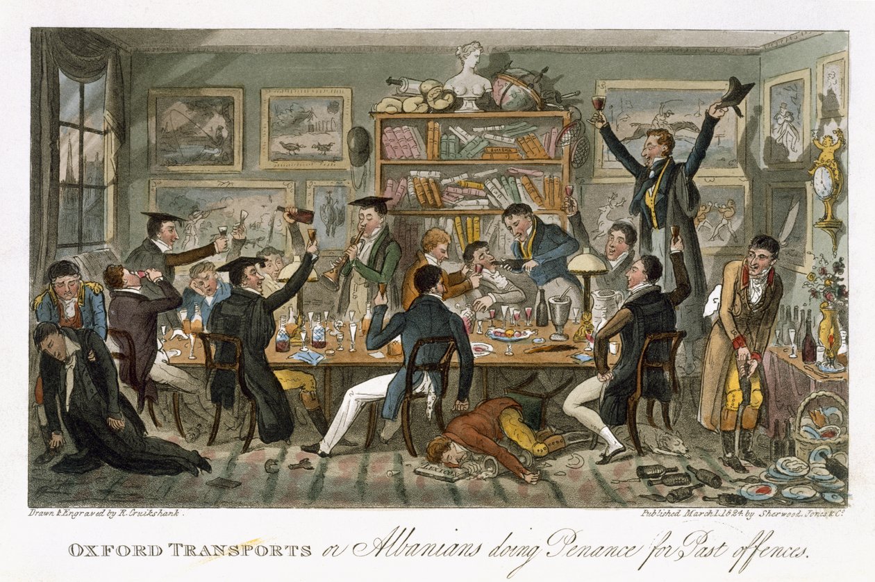 Oxford Transports lub Albańczycy odprawiający pokutę za przeszłe przestępstwa, z „The English Spy” Charlesa Molloya Westmacotta (1788-1868) opublikowanego w Londynie, 1825 autorstwa Isaac Robert Cruikshank