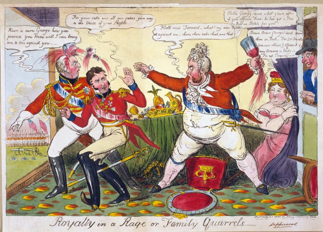 Royalty in a Rage or Family Quarrels, pub. Londyn, 23 lipca, 1820 (rycina ręcznie kolorowana) autorstwa Isaac Robert Cruikshank