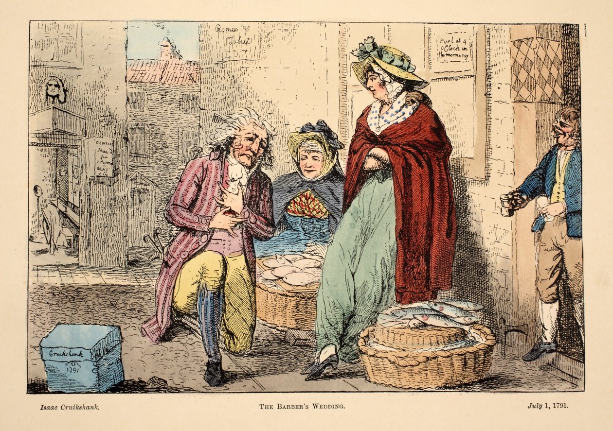 Wesele fryzjerów, wyd. 1791 (grawerowanie ręcznie kolorowane) autorstwa Isaac Robert Cruikshank