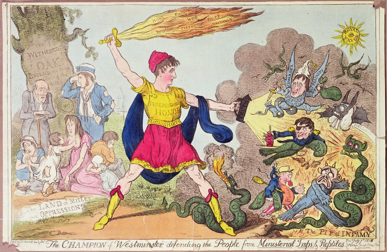 Czempion Westminsteru, broniący ludu przed ministerialnymi chochlikami i gadami, 1818 (akwaforta kolorowa) autorstwa Isaac Robert Cruikshank