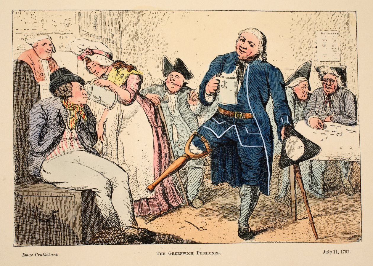 Emeryt z Greenwich, wyd. 1791 (grawerowanie ręcznie kolorowane) autorstwa Isaac Robert Cruikshank